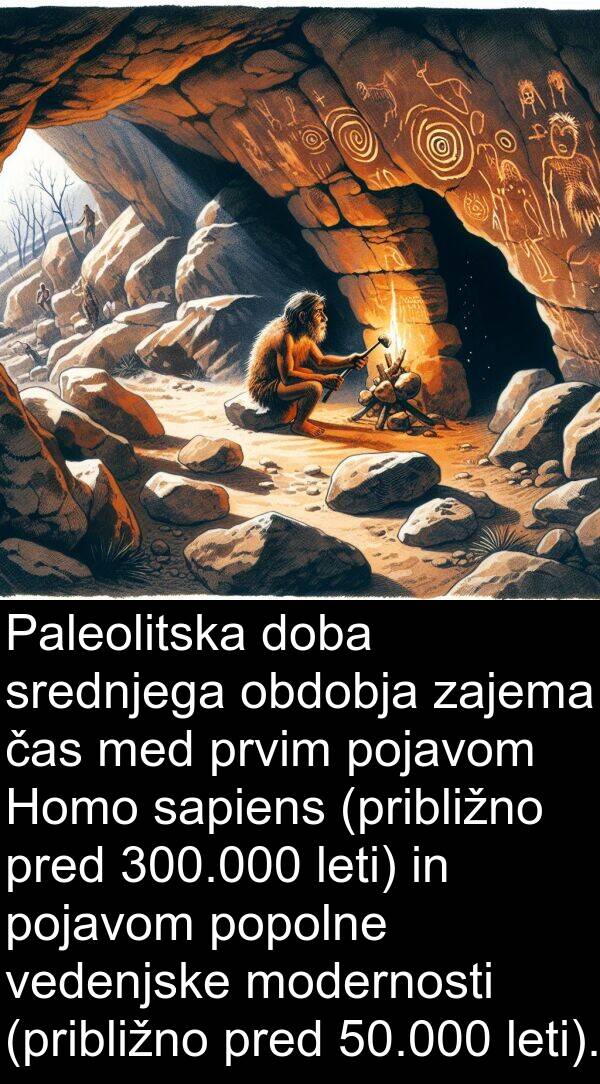 sapiens: Paleolitska doba srednjega obdobja zajema čas med prvim pojavom Homo sapiens (približno pred 300.000 leti) in pojavom popolne vedenjske modernosti (približno pred 50.000 leti).