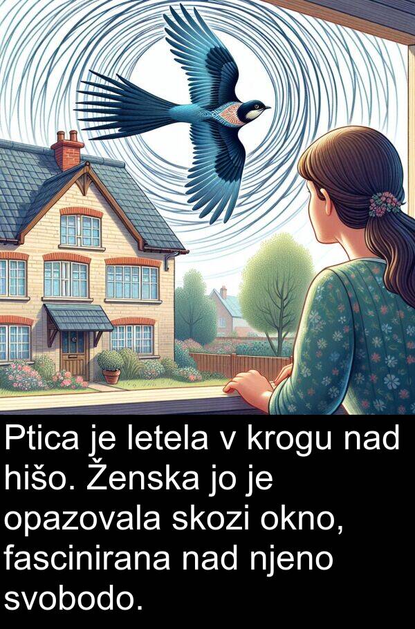 hišo: Ptica je letela v krogu nad hišo. Ženska jo je opazovala skozi okno, fascinirana nad njeno svobodo.