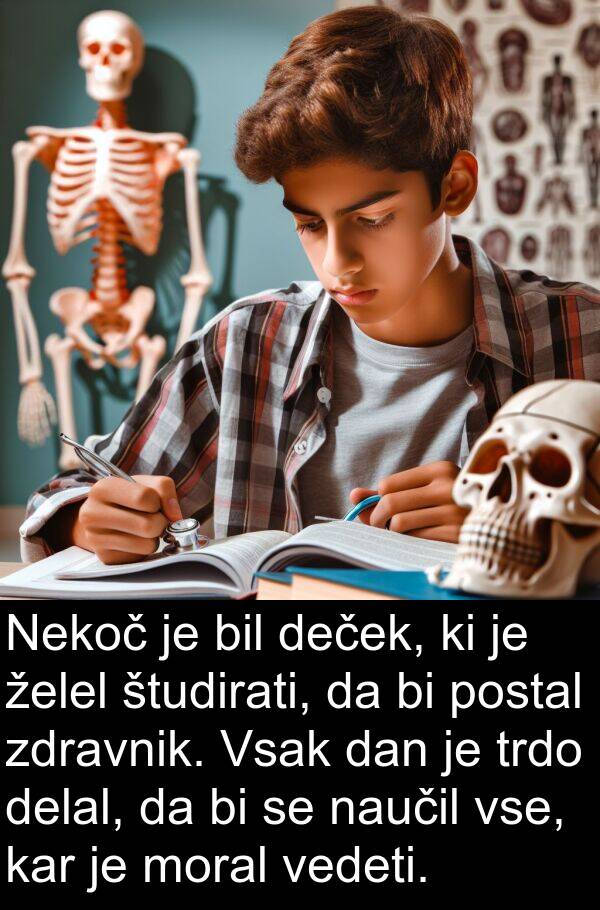 delal: Nekoč je bil deček, ki je želel študirati, da bi postal zdravnik. Vsak dan je trdo delal, da bi se naučil vse, kar je moral vedeti.