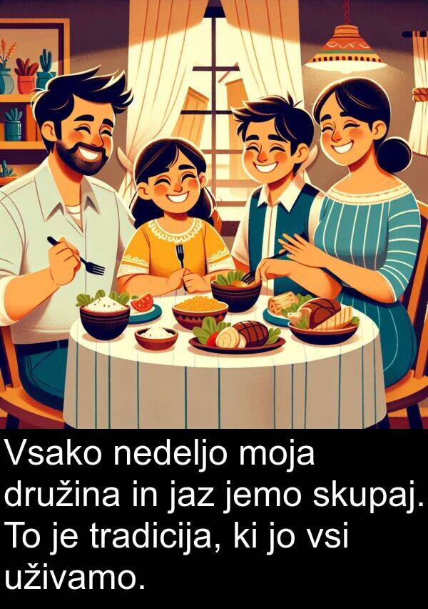 jaz: Vsako nedeljo moja družina in jaz jemo skupaj. To je tradicija, ki jo vsi uživamo.