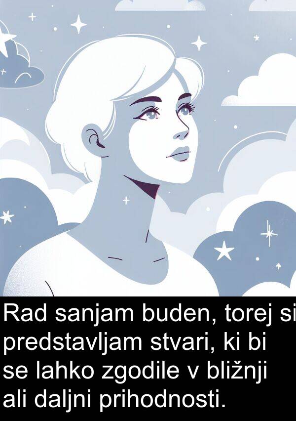 sanjam: Rad sanjam buden, torej si predstavljam stvari, ki bi se lahko zgodile v bližnji ali daljni prihodnosti.