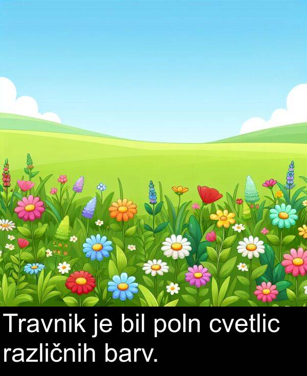 cvetlic: Travnik je bil poln cvetlic različnih barv.