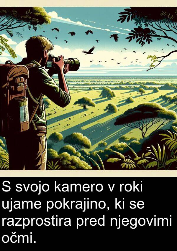 kamero: S svojo kamero v roki ujame pokrajino, ki se razprostira pred njegovimi očmi.