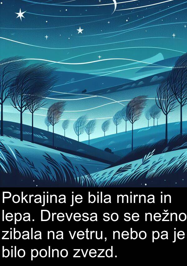 lepa: Pokrajina je bila mirna in lepa. Drevesa so se nežno zibala na vetru, nebo pa je bilo polno zvezd.