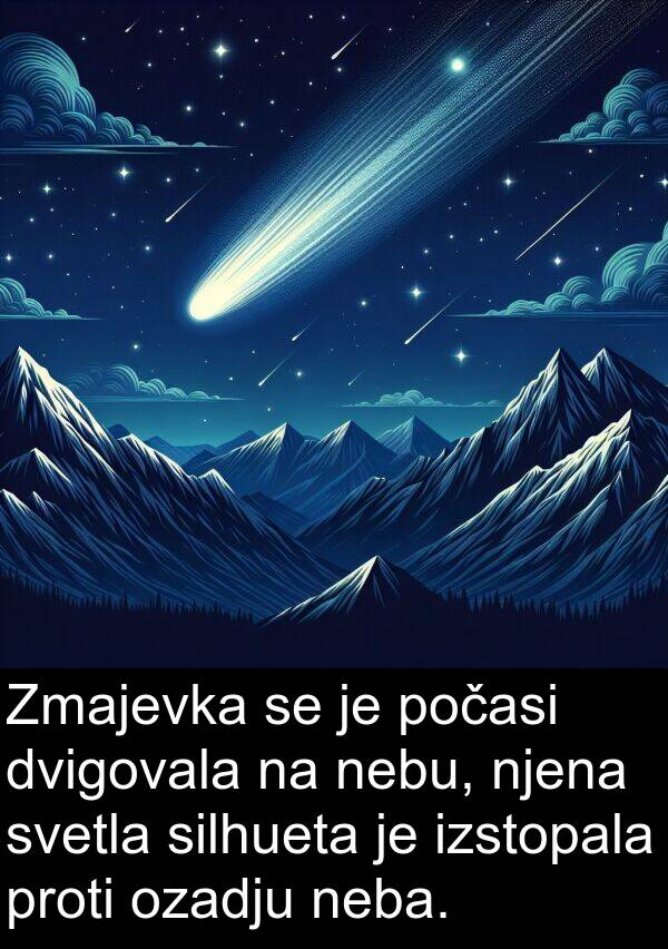 svetla: Zmajevka se je počasi dvigovala na nebu, njena svetla silhueta je izstopala proti ozadju neba.