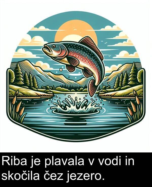 jezero: Riba je plavala v vodi in skočila čez jezero.