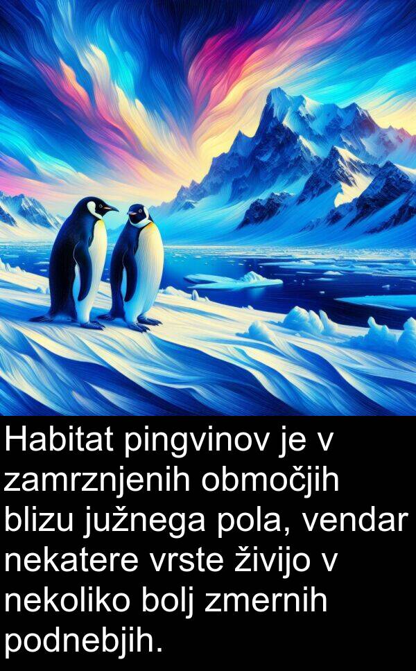 živijo: Habitat pingvinov je v zamrznjenih območjih blizu južnega pola, vendar nekatere vrste živijo v nekoliko bolj zmernih podnebjih.