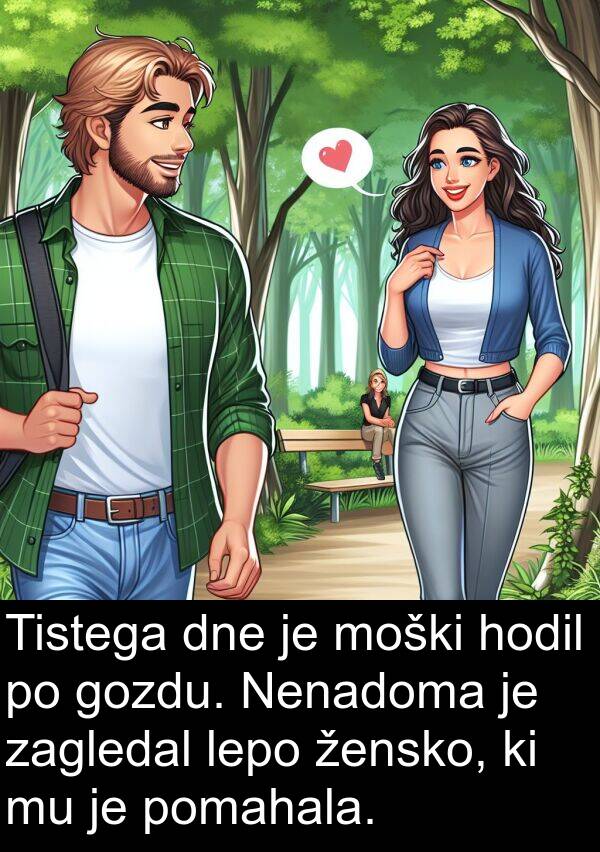 lepo: Tistega dne je moški hodil po gozdu. Nenadoma je zagledal lepo žensko, ki mu je pomahala.