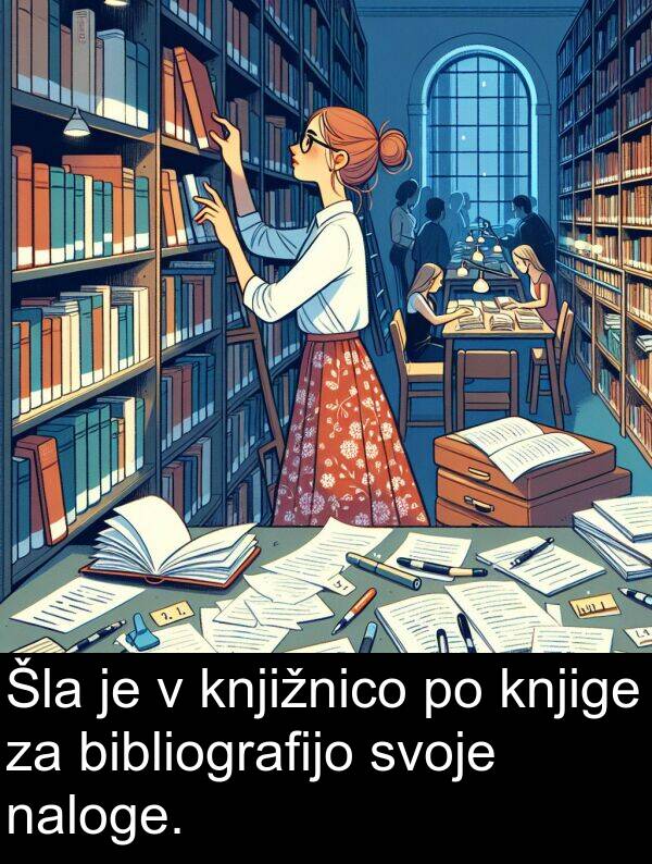 svoje: Šla je v knjižnico po knjige za bibliografijo svoje naloge.