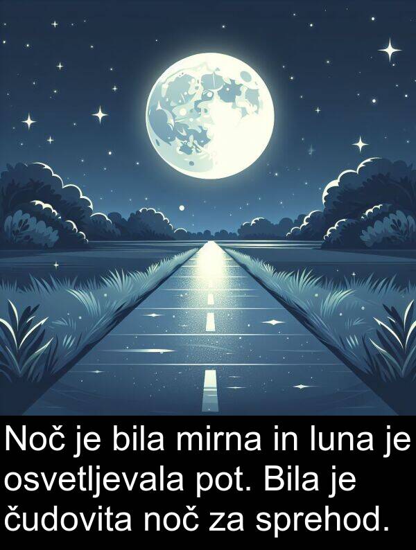 čudovita: Noč je bila mirna in luna je osvetljevala pot. Bila je čudovita noč za sprehod.