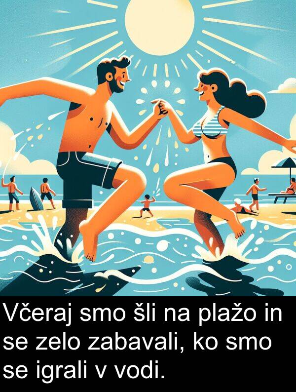 šli: Včeraj smo šli na plažo in se zelo zabavali, ko smo se igrali v vodi.