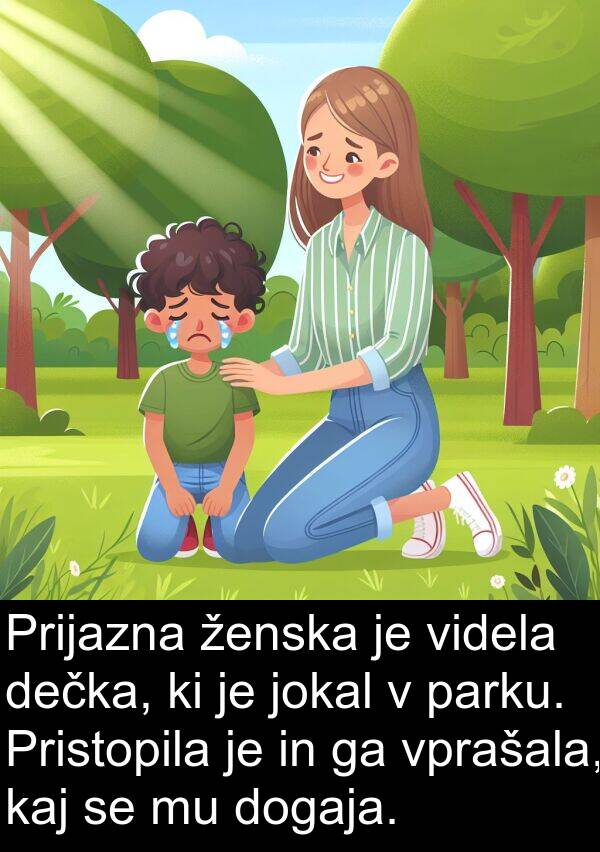 kaj: Prijazna ženska je videla dečka, ki je jokal v parku. Pristopila je in ga vprašala, kaj se mu dogaja.