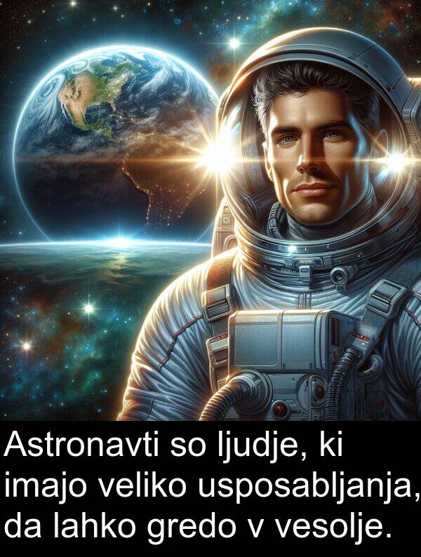 ljudje: Astronavti so ljudje, ki imajo veliko usposabljanja, da lahko gredo v vesolje.