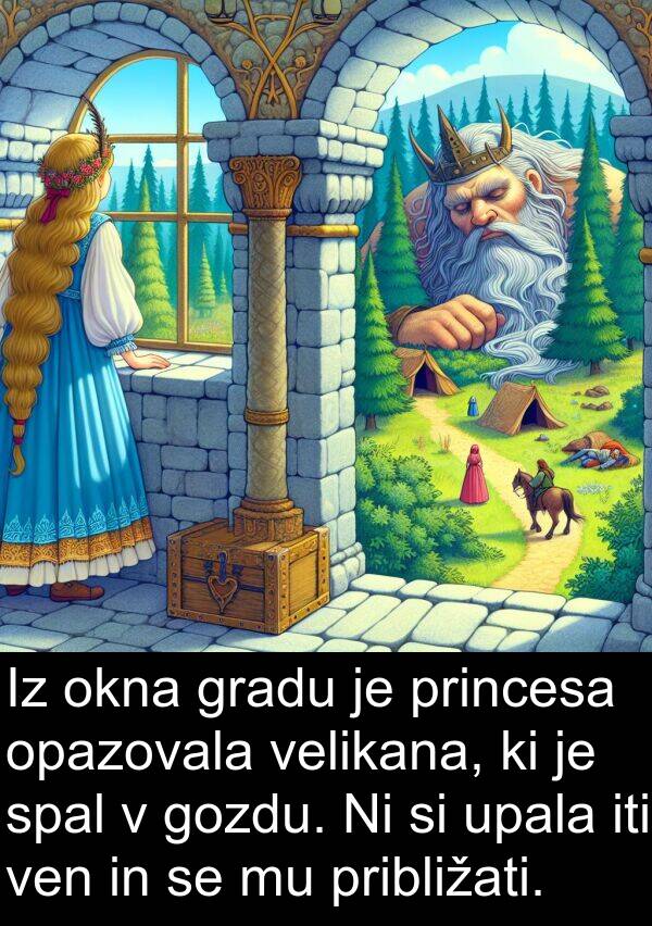 velikana: Iz okna gradu je princesa opazovala velikana, ki je spal v gozdu. Ni si upala iti ven in se mu približati.