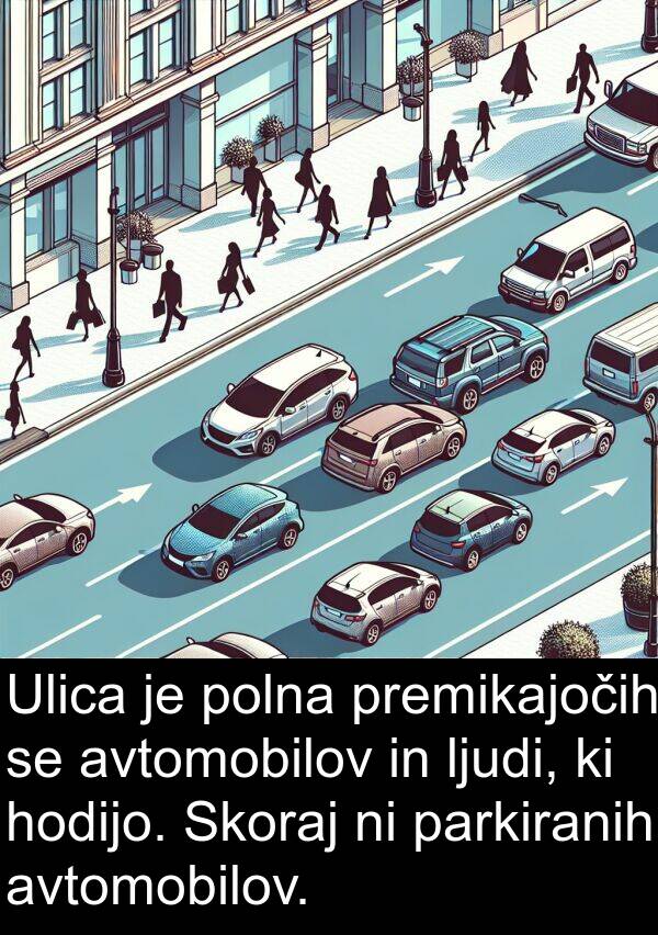 ljudi: Ulica je polna premikajočih se avtomobilov in ljudi, ki hodijo. Skoraj ni parkiranih avtomobilov.