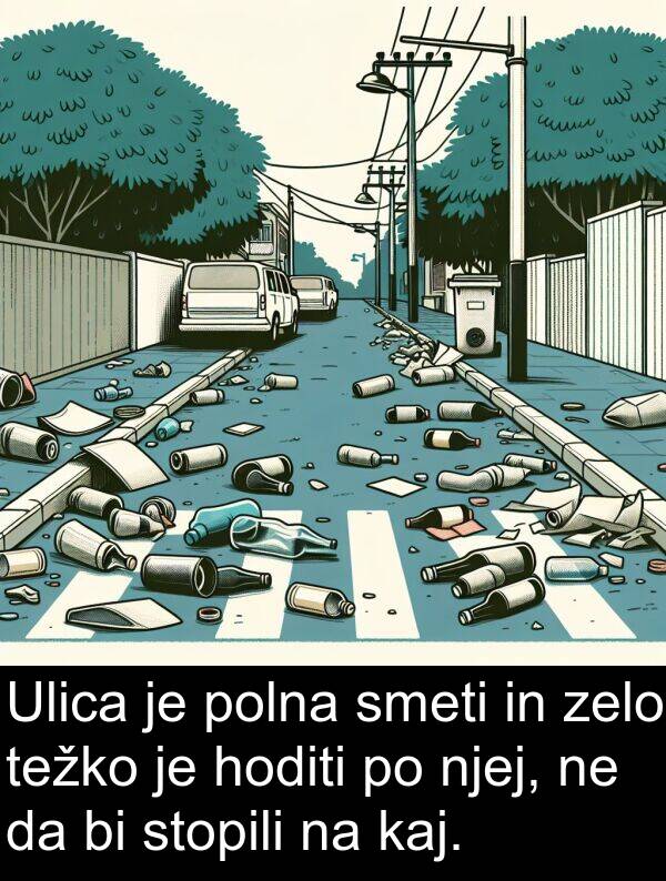 hoditi: Ulica je polna smeti in zelo težko je hoditi po njej, ne da bi stopili na kaj.