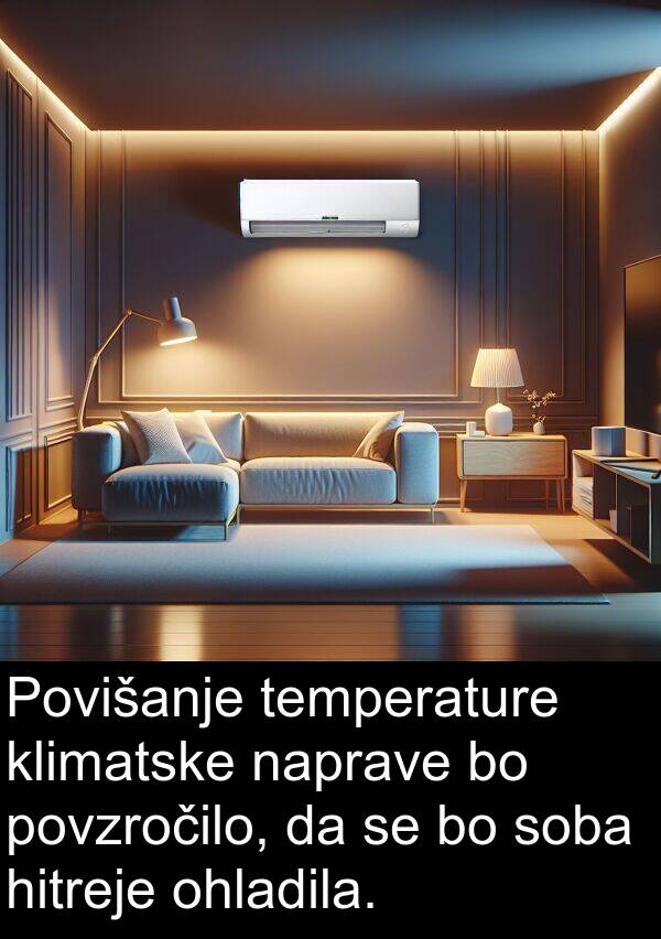 temperature: Povišanje temperature klimatske naprave bo povzročilo, da se bo soba hitreje ohladila.