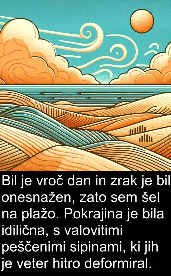 šel: Bil je vroč dan in zrak je bil onesnažen, zato sem šel na plažo. Pokrajina je bila idilična, s valovitimi peščenimi sipinami, ki jih je veter hitro deformiral.