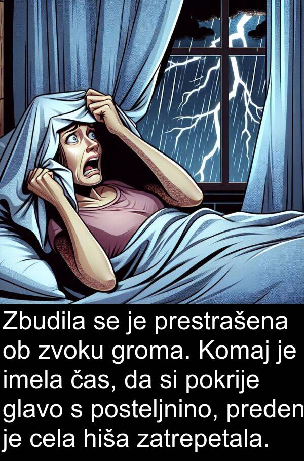 čas: Zbudila se je prestrašena ob zvoku groma. Komaj je imela čas, da si pokrije glavo s posteljnino, preden je cela hiša zatrepetala.