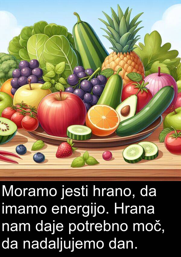 imamo: Moramo jesti hrano, da imamo energijo. Hrana nam daje potrebno moč, da nadaljujemo dan.