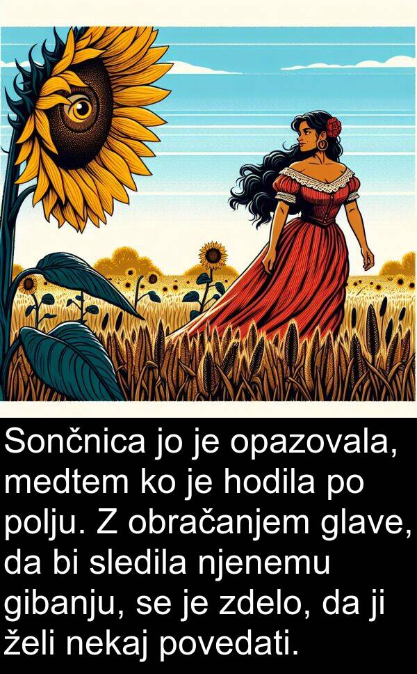 gibanju: Sončnica jo je opazovala, medtem ko je hodila po polju. Z obračanjem glave, da bi sledila njenemu gibanju, se je zdelo, da ji želi nekaj povedati.