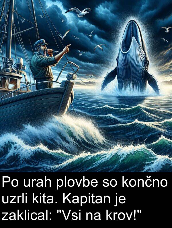 kita: Po urah plovbe so končno uzrli kita. Kapitan je zaklical: "Vsi na krov!"