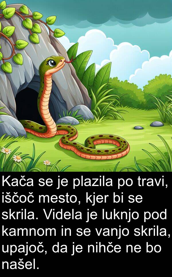 kamnom: Kača se je plazila po travi, iščoč mesto, kjer bi se skrila. Videla je luknjo pod kamnom in se vanjo skrila, upajoč, da je nihče ne bo našel.