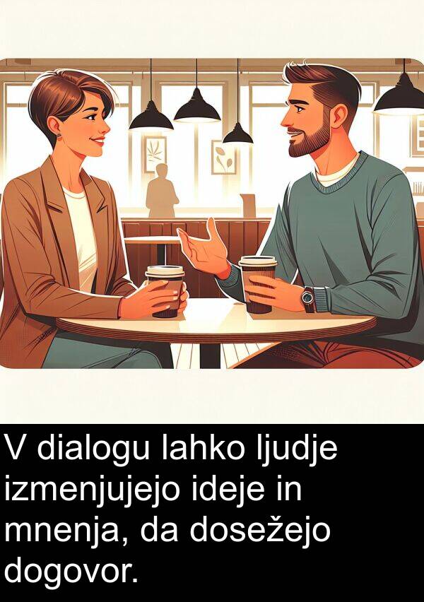 ljudje: V dialogu lahko ljudje izmenjujejo ideje in mnenja, da dosežejo dogovor.