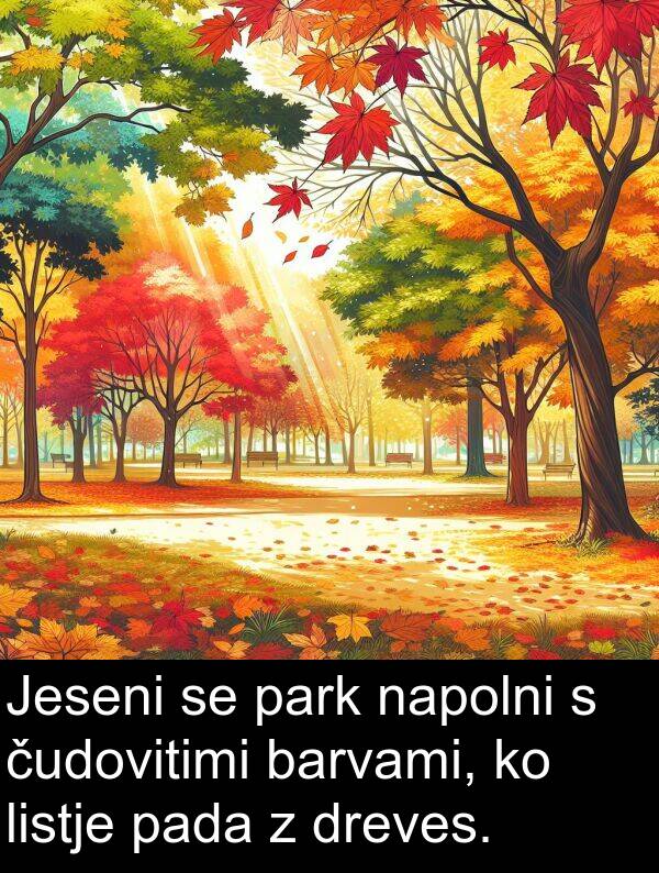 pada: Jeseni se park napolni s čudovitimi barvami, ko listje pada z dreves.