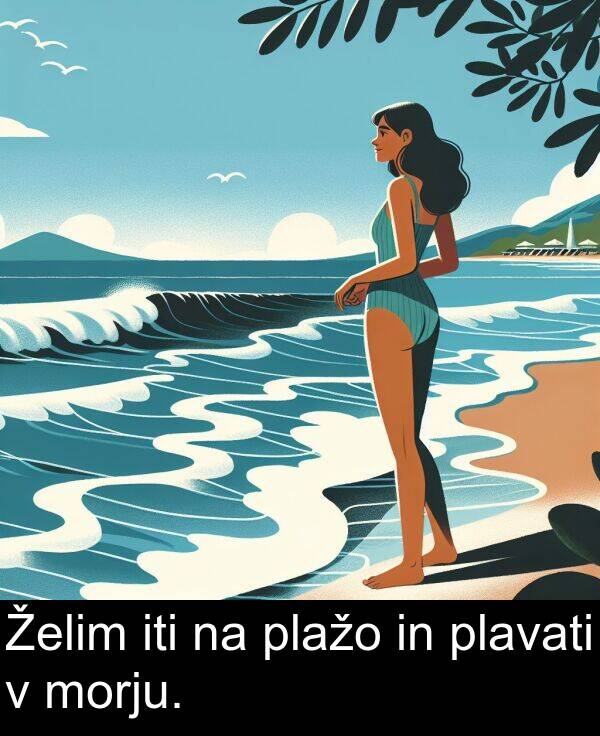 iti: Želim iti na plažo in plavati v morju.