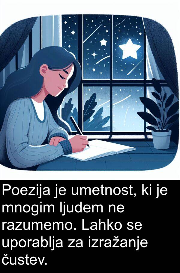 umetnost: Poezija je umetnost, ki je mnogim ljudem ne razumemo. Lahko se uporablja za izražanje čustev.