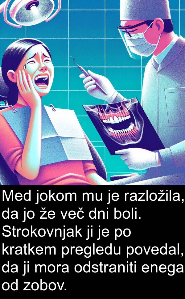 razložila: Med jokom mu je razložila, da jo že več dni boli. Strokovnjak ji je po kratkem pregledu povedal, da ji mora odstraniti enega od zobov.