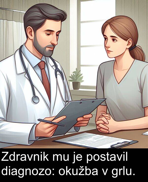 diagnozo: Zdravnik mu je postavil diagnozo: okužba v grlu.