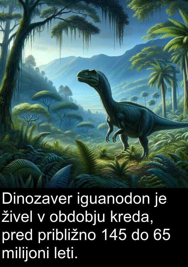 živel: Dinozaver iguanodon je živel v obdobju kreda, pred približno 145 do 65 milijoni leti.