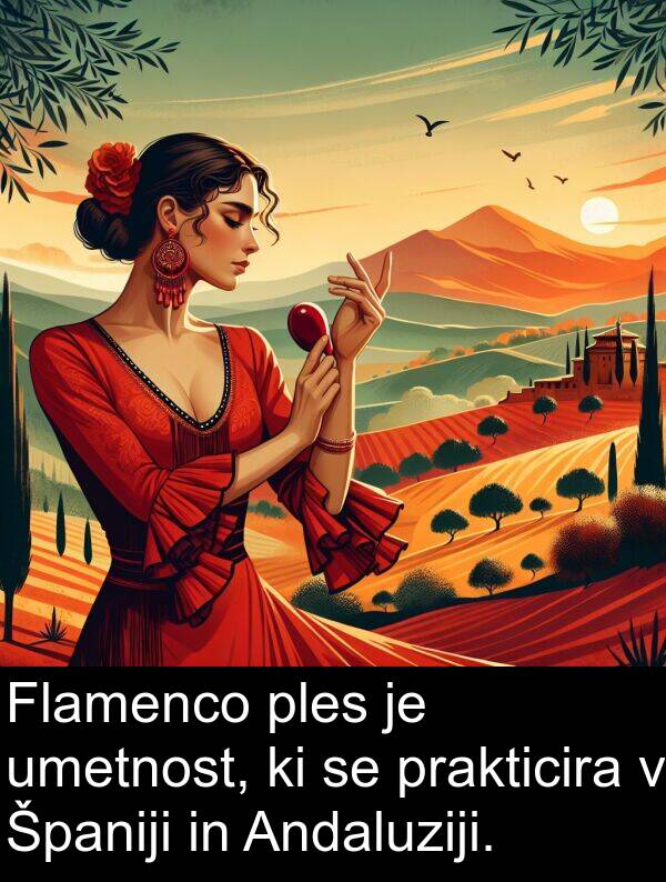 umetnost: Flamenco ples je umetnost, ki se prakticira v Španiji in Andaluziji.