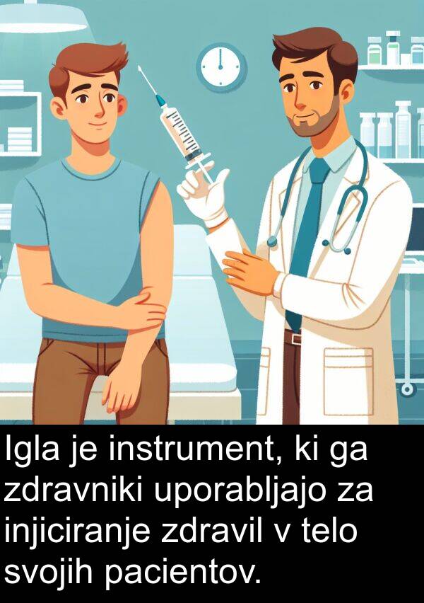 instrument: Igla je instrument, ki ga zdravniki uporabljajo za injiciranje zdravil v telo svojih pacientov.