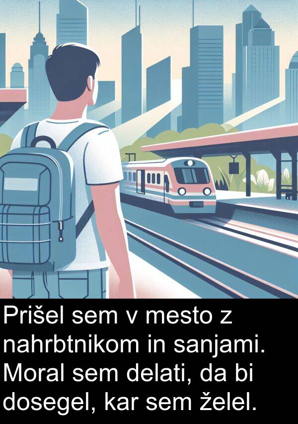 nahrbtnikom: Prišel sem v mesto z nahrbtnikom in sanjami. Moral sem delati, da bi dosegel, kar sem želel.