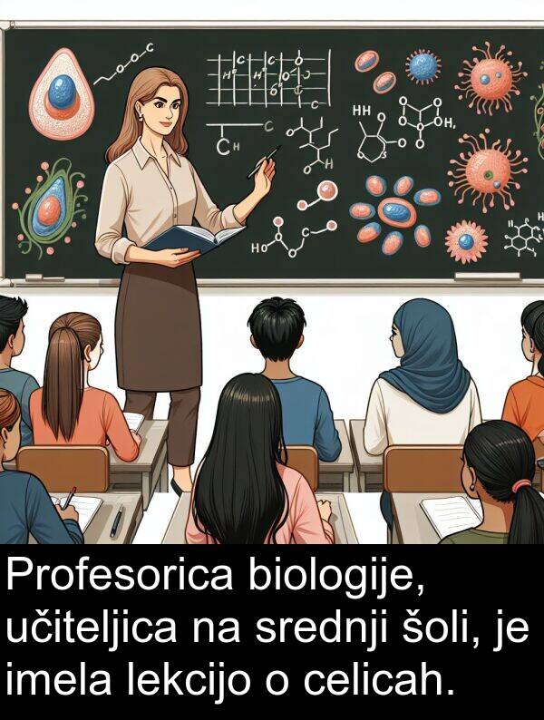 celicah: Profesorica biologije, učiteljica na srednji šoli, je imela lekcijo o celicah.