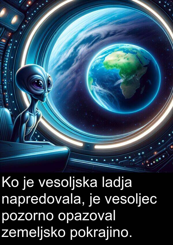 vesoljska: Ko je vesoljska ladja napredovala, je vesoljec pozorno opazoval zemeljsko pokrajino.