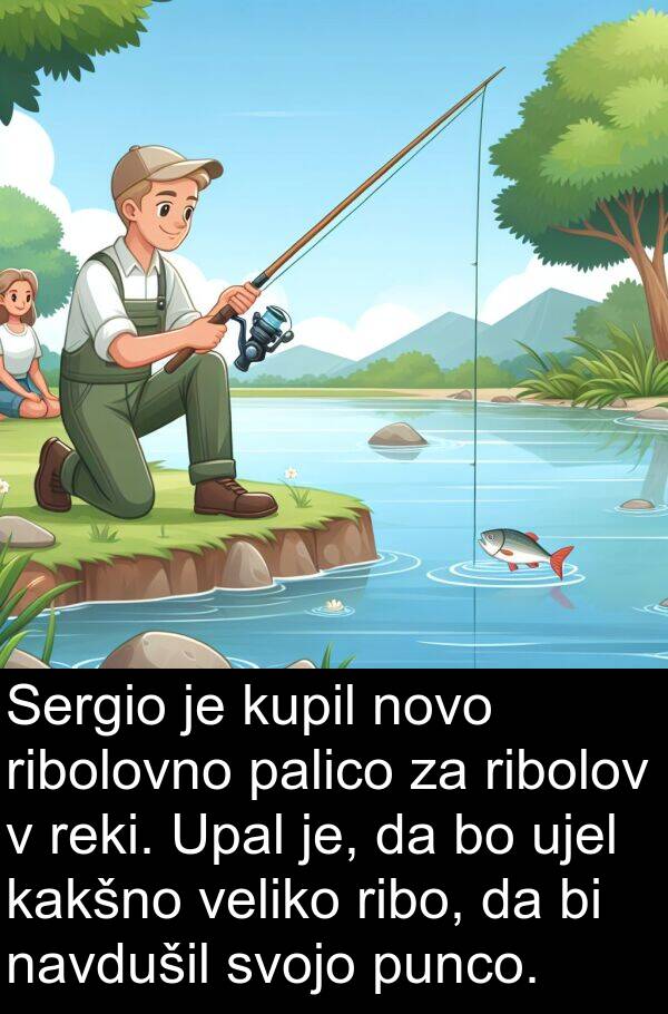 palico: Sergio je kupil novo ribolovno palico za ribolov v reki. Upal je, da bo ujel kakšno veliko ribo, da bi navdušil svojo punco.