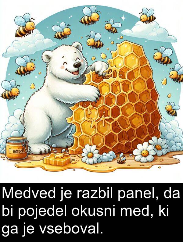 razbil: Medved je razbil panel, da bi pojedel okusni med, ki ga je vseboval.