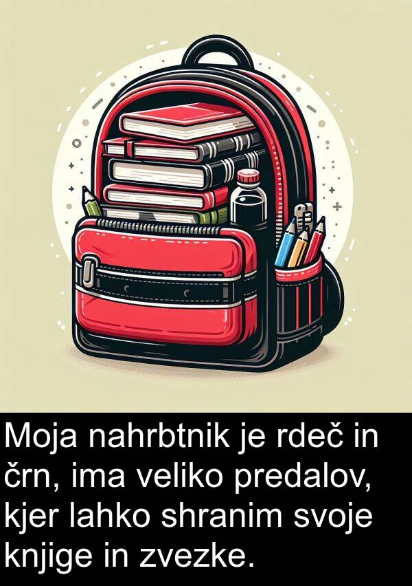 nahrbtnik: Moja nahrbtnik je rdeč in črn, ima veliko predalov, kjer lahko shranim svoje knjige in zvezke.