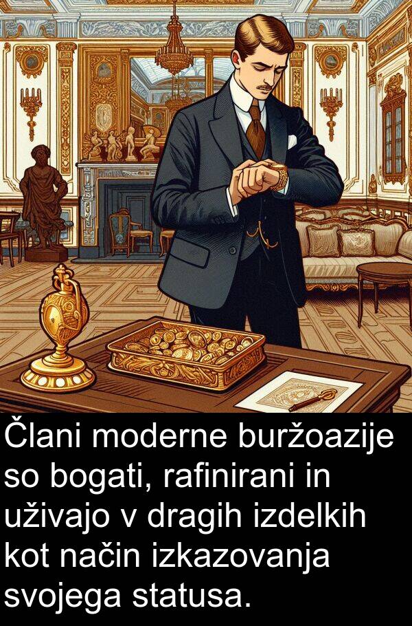 način: Člani moderne buržoazije so bogati, rafinirani in uživajo v dragih izdelkih kot način izkazovanja svojega statusa.