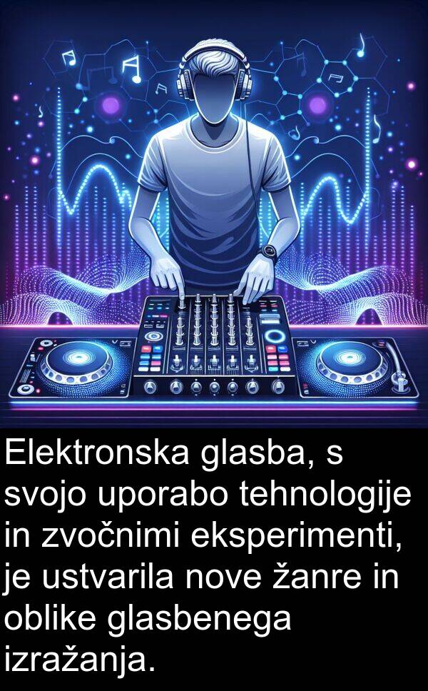 glasba: Elektronska glasba, s svojo uporabo tehnologije in zvočnimi eksperimenti, je ustvarila nove žanre in oblike glasbenega izražanja.