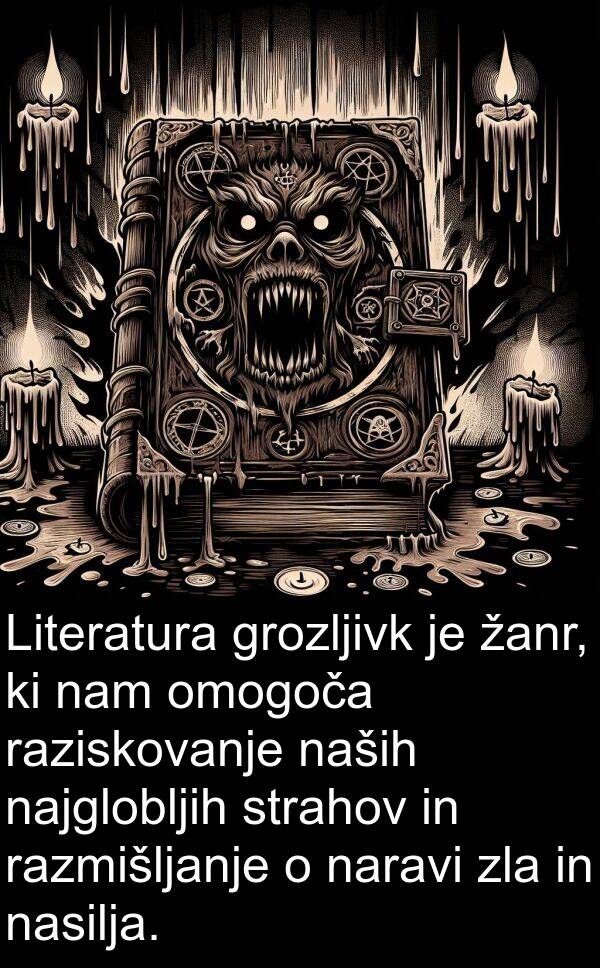 raziskovanje: Literatura grozljivk je žanr, ki nam omogoča raziskovanje naših najglobljih strahov in razmišljanje o naravi zla in nasilja.