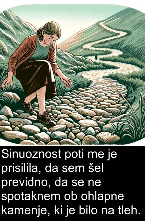 šel: Sinuoznost poti me je prisilila, da sem šel previdno, da se ne spotaknem ob ohlapne kamenje, ki je bilo na tleh.