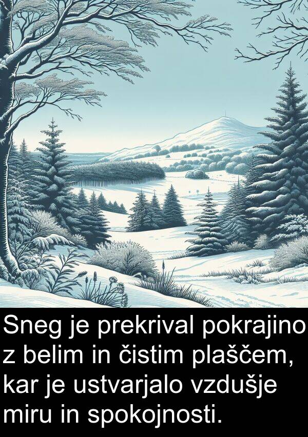 pokrajino: Sneg je prekrival pokrajino z belim in čistim plaščem, kar je ustvarjalo vzdušje miru in spokojnosti.