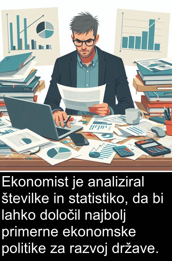 ekonomske: Ekonomist je analiziral številke in statistiko, da bi lahko določil najbolj primerne ekonomske politike za razvoj države.