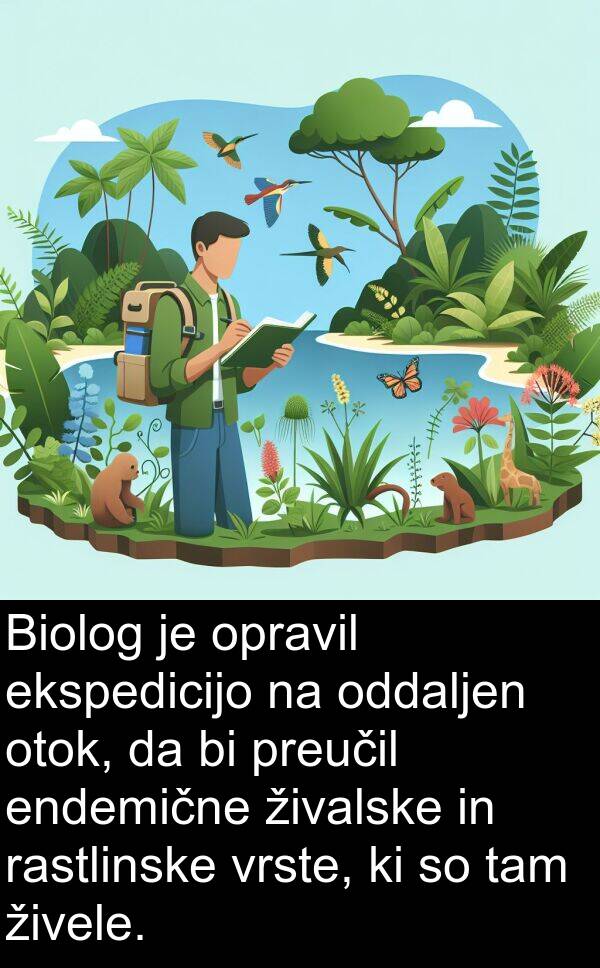 tam: Biolog je opravil ekspedicijo na oddaljen otok, da bi preučil endemične živalske in rastlinske vrste, ki so tam živele.