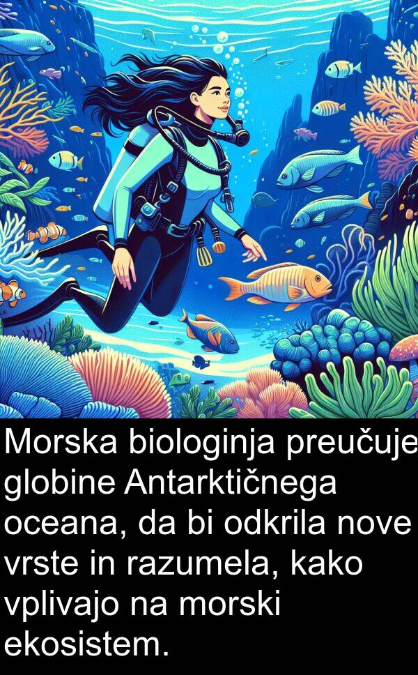 ekosistem: Morska biologinja preučuje globine Antarktičnega oceana, da bi odkrila nove vrste in razumela, kako vplivajo na morski ekosistem.